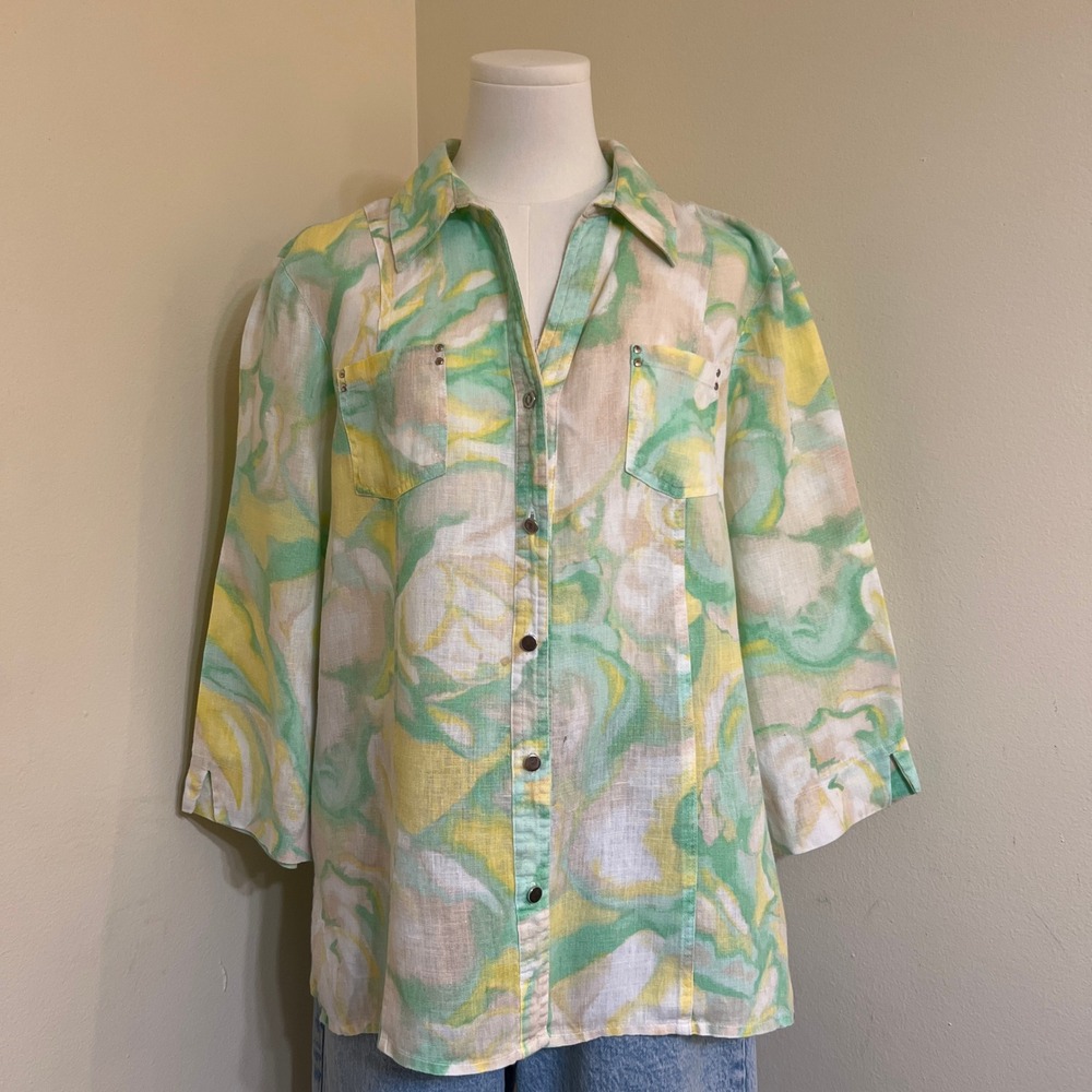 JM Collection Women Green Yellow Abstract Floral 100% Linen Button Down Shirt 12